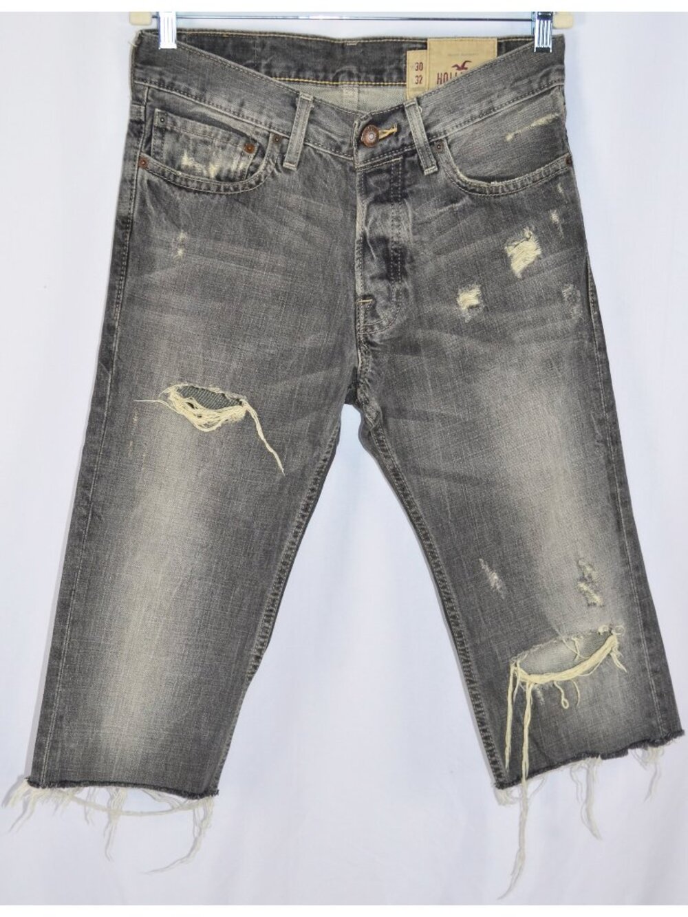 Hollister Cut-Off Distressed Button Fly Denim Long Shorts Gray Wash Size 33/17